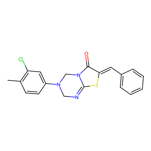 (7Z)-7-benzylidene-3-(3-chloro-4-methylphenyl)-2,4-dihydro-[1,3]thiazolo[3,2-a][1,3,5]triazin-6-one structure