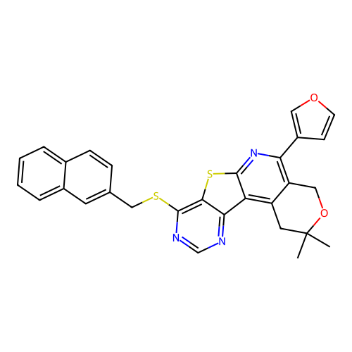 5-(furan-3-yl)-2,2-dimethyl-8-((naphthalen-2-ylmethyl)thio)-2,4-dihydro-1H-pyrano[4'',3'':4',5']pyrido[3',2':4,5]thieno[3,2-d]pyrimidine structure