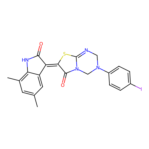(Z)-7-(5,7-dimethyl-2-oxoindolin-3-ylidene)-3-(4-iodophenyl)-3,4-dihydro-2H-thiazolo[3,2-a][1,3,5]triazin-6(7H)-one structure
