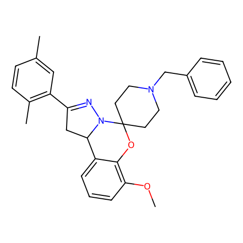 1'-benzyl-2-(2,5-dimethylphenyl)-7-methoxy-1,10b-dihydrospiro[benzo[e]pyrazolo[1,5-c][1,3]oxazine-5,4'-piperidine] structure
