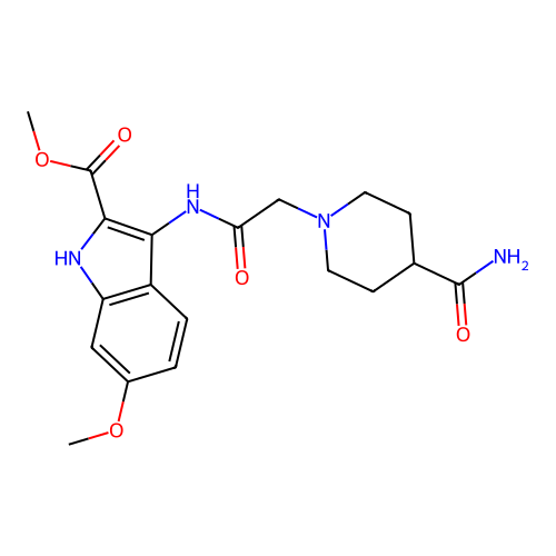 methyl 3-(2-(4-carbamoylpiperidin-1-yl)acetamido)-6-methoxy-1H-indole-2-carboxylate structure