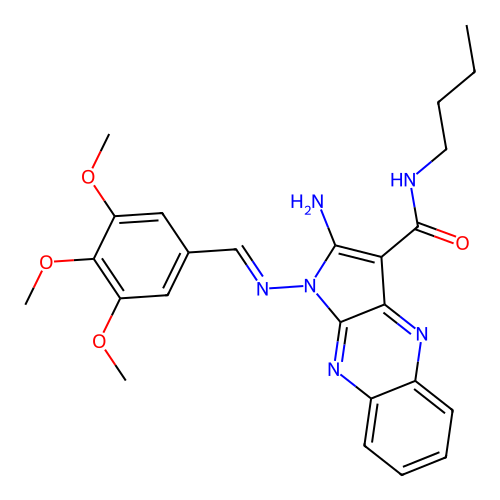 (E)-2-amino-N-butyl-1-((3,4,5-trimethoxybenzylidene)amino)-1H-pyrrolo[2,3-b]quinoxaline-3-carboxamide structure