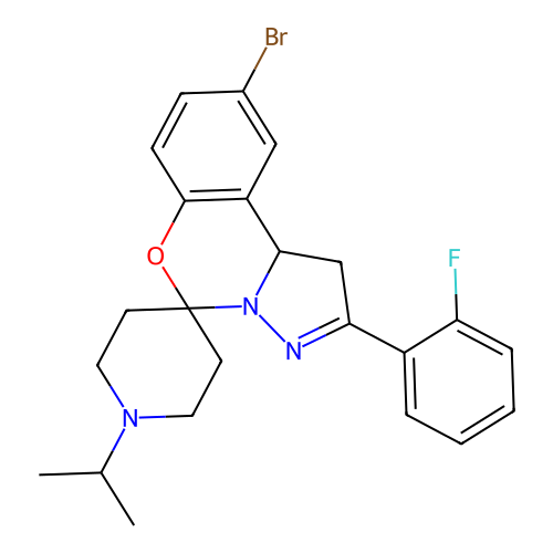 9'-bromo-2'-(2-fluorophenyl)-1-(propan-2-yl)-1',10b'-dihydrospiro[piperidine-4,5'-pyrazolo[1,5-c][1,3]benzoxazine] structure