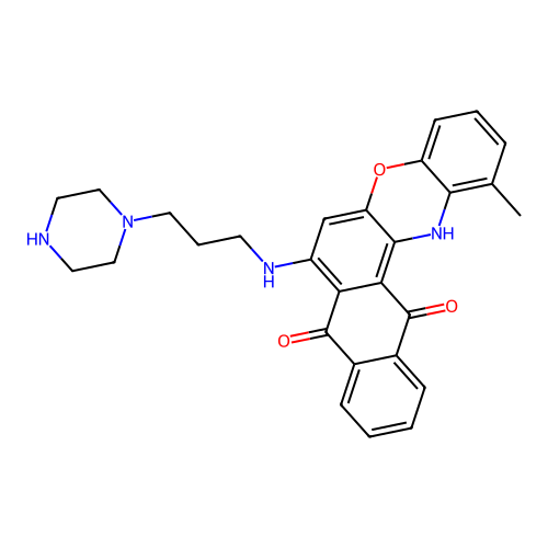 1-methyl-7-((3-(piperazin-1-yl)propyl)amino)-8H-naphtho[2,3-a]phenoxazine-8,13(14H)-dione structure