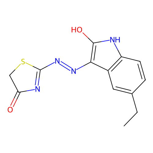 (E)-2-((Z)-(5-ethyl-2-oxoindolin-3-ylidene)hydrazono)thiazolidin-4-one structure