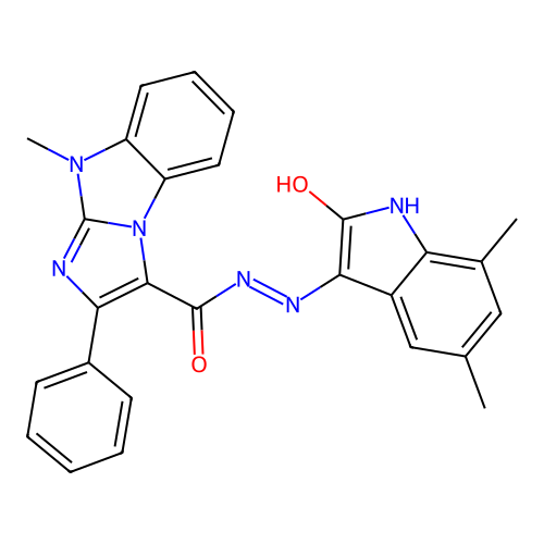 (E)-N'-(5,7-dimethyl-2-oxoindolin-3-ylidene)-9-methyl-2-phenyl-9H-benzo[d]imidazo[1,2-a]imidazole-3-carbohydrazide structure