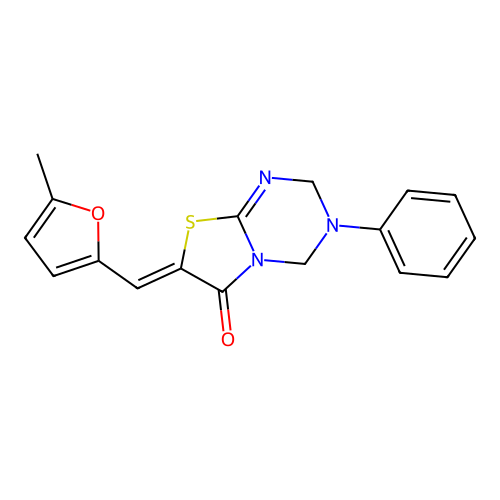 (Z)-7-((5-methylfuran-2-yl)methylene)-3-phenyl-3,4-dihydro-2H-thiazolo[3,2-a][1,3,5]triazin-6(7H)-one structure