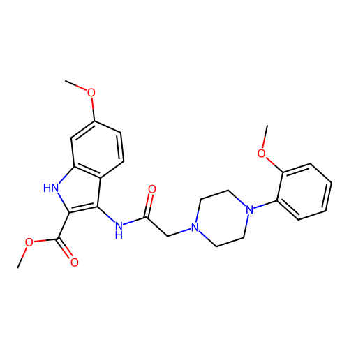 Methyl 6-methoxy-3-[[2-[4-(2-methoxyphenyl)piperazin-1-yl]acetyl]amino]-1H-indole-2-carboxylate structure