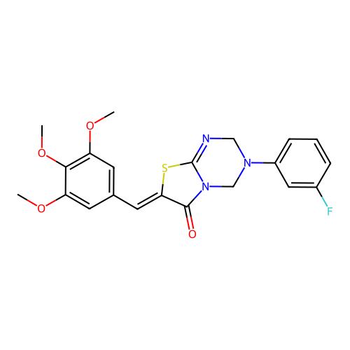 (Z)-3-(3-fluorophenyl)-7-(3,4,5-trimethoxybenzylidene)-3,4-dihydro-2H-thiazolo[3,2-a][1,3,5]triazin-6(7H)-one structure