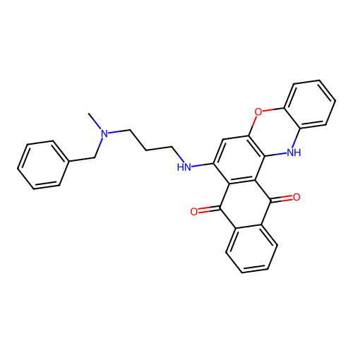7-((3-(benzyl(methyl)amino)propyl)amino)-8H-naphtho[2,3-a]phenoxazine-8,13(14H)-dione structure