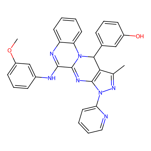 3-(6-((3-methoxyphenyl)amino)-10-methyl-8-(pyridin-2-yl)-8,11-dihydropyrazolo[3',4':4,5]pyrimido[1,2-a]quinoxalin-11-yl)phenol structure
