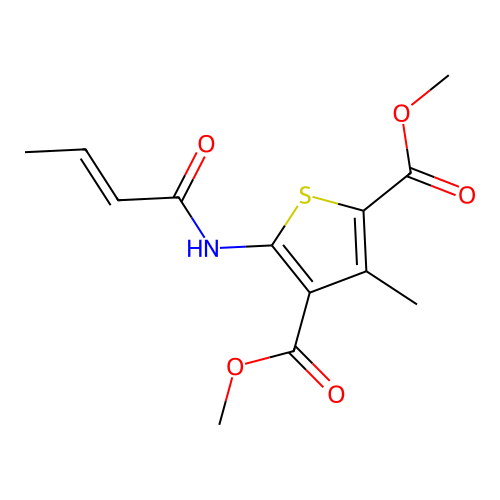 dimethyl 5-[(2E)-but-2-enoylamino]-3-methylthiophene-2,4-dicarboxylate structure