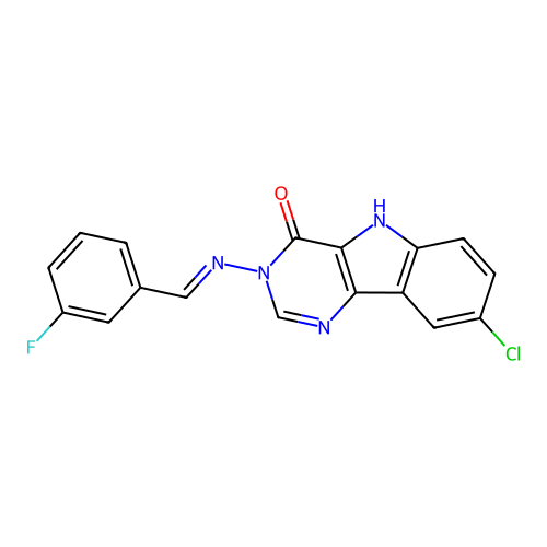 (E)-8-chloro-3-((3-fluorobenzylidene)amino)-3H-pyrimido[5,4-b]indol-4(5H)-one structure