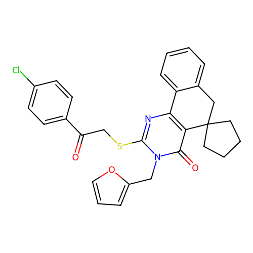 2-((2-(4-chlorophenyl)-2-oxoethyl)thio)-3-(furan-2-ylmethyl)-3H-spiro[benzo[h]quinazoline-5,1'-cyclopentan]-4(6H)-one structure
