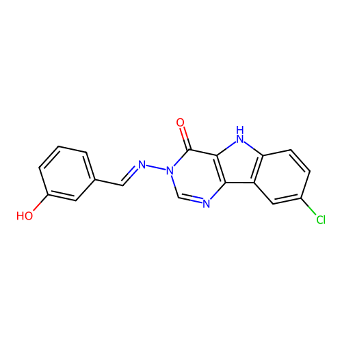 8-chloro-3-((3-hydroxybenzylidene)amino)-3H-pyrimido[5,4-b]indol-4(5H)-one structure