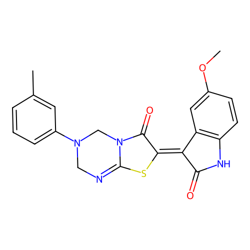 (7Z)-7-(5-methoxy-2-oxo-1,2-dihydro-3H-indol-3-ylidene)-3-(3-methylphenyl)-3,4-dihydro-2H-[1,3]thiazolo[3,2-a][1,3,5]triazin-6(7H)-one structure