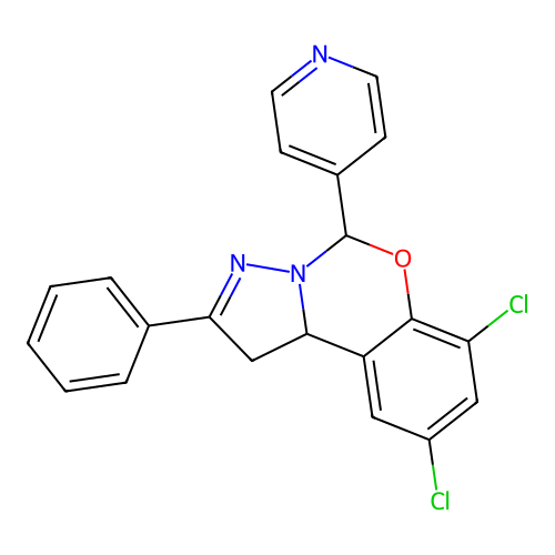 7,9-dichloro-2-phenyl-5-(pyridin-4-yl)-1,10b-dihydropyrazolo[1,5-c][1,3]benzoxazine structure