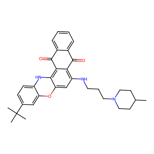 3-(tert-butyl)-7-((3-(4-methylpiperidin-1-yl)propyl)amino)-8H-naphtho[2,3-a]phenoxazine-8,13(14H)-dione structure