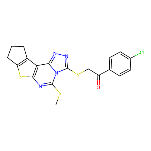 1-(4-chlorophenyl)-2-((5-(methylthio)-9,10-dihydro-8H-cyclopenta[4,5]thieno[3,2-e][1,2,4]triazolo[4,3-c]pyrimidin-3-yl)thio)ethanone structure
