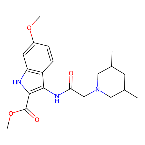 methyl 3-(2-(3,5-dimethylpiperidin-1-yl)acetamido)-6-methoxy-1H-indole-2-carboxylate structure