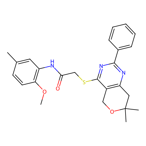2-((7,7-dimethyl-2-phenyl-7,8-dihydro-5H-pyrano[4,3-d]pyrimidin-4-yl)thio)-N-(2-methoxy-5-methylphenyl)acetamide structure
