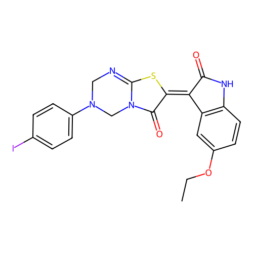 (7Z)-7-(5-ethoxy-2-oxo-1,2-dihydro-3H-indol-3-ylidene)-3-(4-iodophenyl)-3,4-dihydro-2H-[1,3]thiazolo[3,2-a][1,3,5]triazin-6(7H)-one structure
