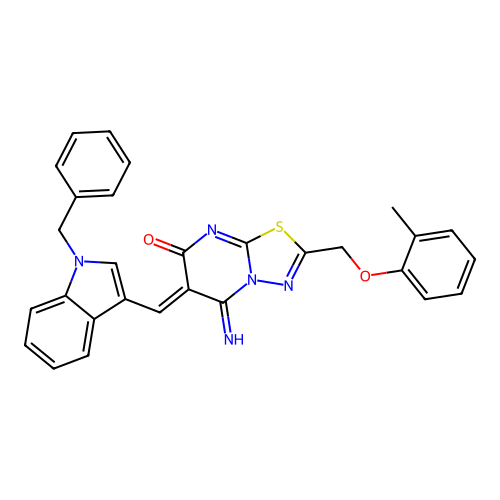 (Z)-6-((1-benzyl-1H-indol-3-yl)methylene)-5-imino-2-((o-tolyloxy)methyl)-5H-[1,3,4]thiadiazolo[3,2-a]pyrimidin-7(6H)-one structure