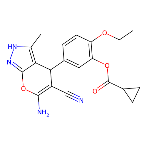 [5-(6-amino-5-cyano-3-methyl-2,4-dihydropyrano[2,3-c]pyrazol-4-yl)-2-ethoxyphenyl] cyclopropanecarboxylate structure