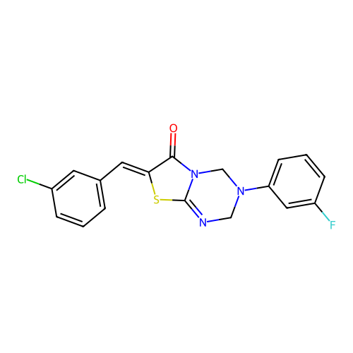 (7Z)-7-(3-chlorobenzylidene)-3-(3-fluorophenyl)-3,4-dihydro-2H-[1,3]thiazolo[3,2-a][1,3,5]triazin-6(7H)-one structure