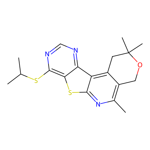 2,2,5-trimethyl-8-(propan-2-ylsulfanyl)-1,4-dihydro-2H-pyrano[4'',3'':4',5']pyrido[3',2':4,5]thieno[3,2-d]pyrimidine structure