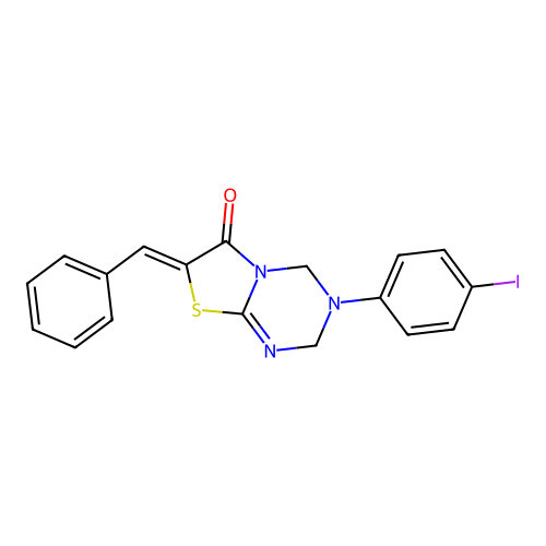 8-benzylidene-3-(4-iodophenyl)-7-thia-1,3,5-triazabicyclo[4.3.0]non-5-en-9-one structure