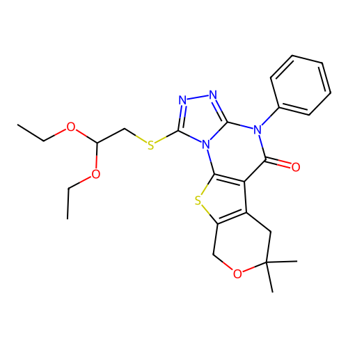 1-((2,2-diethoxyethyl)thio)-7,7-dimethyl-4-phenyl-6,7-dihydro-4H-pyrano[4',3':4,5]thieno[3,2-e][1,2,4]triazolo[4,3-a]pyrimidin-5(9H)-one structure