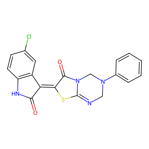 (Z)-7-(5-chloro-2-oxoindolin-3-ylidene)-3-phenyl-3,4-dihydro-2H-thiazolo[3,2-a][1,3,5]triazin-6(7H)-one structure