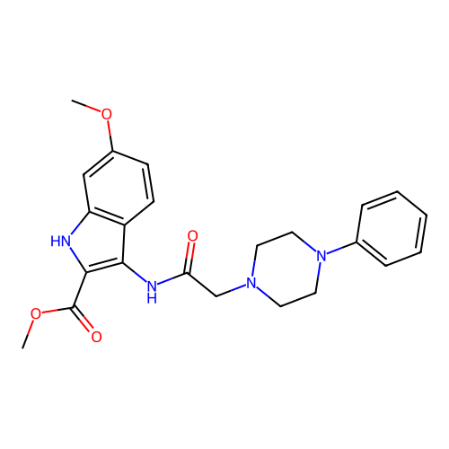 Methyl 6-methoxy-3-[[2-(4-phenylpiperazin-1-yl)acetyl]amino]-1H-indole-2-carboxylate structure