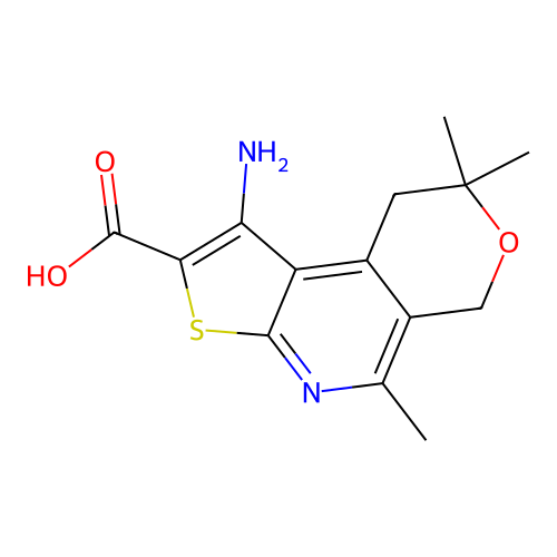 1-amino-5,8,8-trimethyl-8,9-dihydro-6H-pyrano[4,3-d]thieno[2,3-b]pyridine-2-carboxylic acid structure