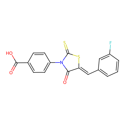 4-[(5Z)-5-(3-fluorobenzylidene)-4-oxo-2-thioxo-1,3-thiazolidin-3-yl]benzoic acid structure