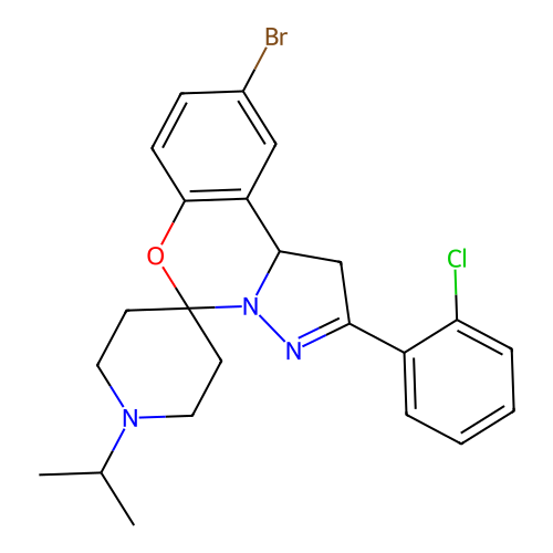 9'-bromo-2'-(2-chlorophenyl)-1-(propan-2-yl)-1',10b'-dihydrospiro[piperidine-4,5'-pyrazolo[1,5-c][1,3]benzoxazine] structure