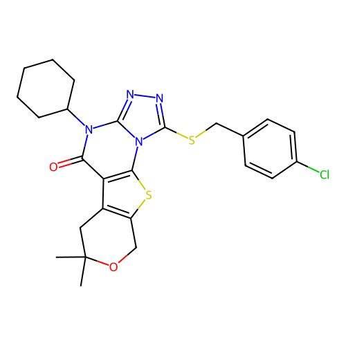 1-((4-chlorobenzyl)thio)-4-cyclohexyl-7,7-dimethyl-6,7-dihydro-4H-pyrano[4',3':4,5]thieno[3,2-e][1,2,4]triazolo[4,3-a]pyrimidin-5(9H)-one structure