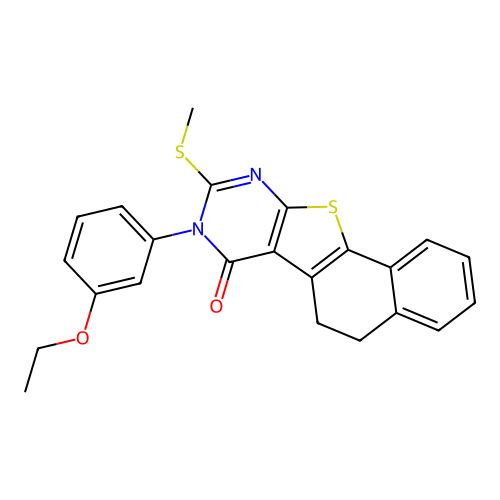 8-(3-ethoxyphenyl)-9-(methylthio)-5,6-dihydronaphtho[2',1':4,5]thieno[2,3-d]pyrimidin-7(8H)-one structure
