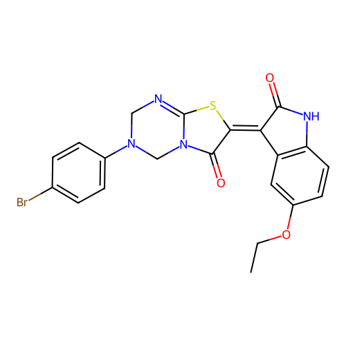 (7Z)-3-(4-bromophenyl)-7-(5-ethoxy-2-oxo-1,2-dihydro-3H-indol-3-ylidene)-3,4-dihydro-2H-[1,3]thiazolo[3,2-a][1,3,5]triazin-6(7H)-one structure