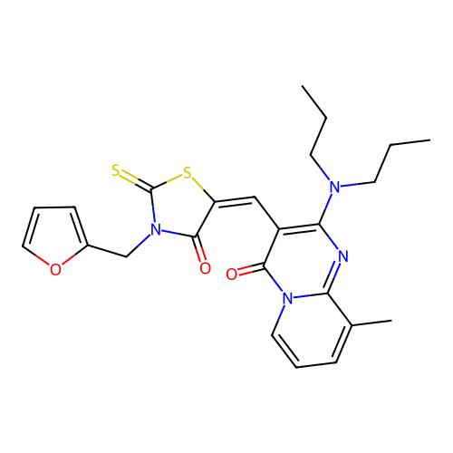 (5E)-5-[[2-(dipropylamino)-9-methyl-4-oxopyrido[1,2-a]pyrimidin-3-yl]methylidene]-3-(furan-2-ylmethyl)-2-sulfanylidene-1,3-thiazolidin-4-one structure