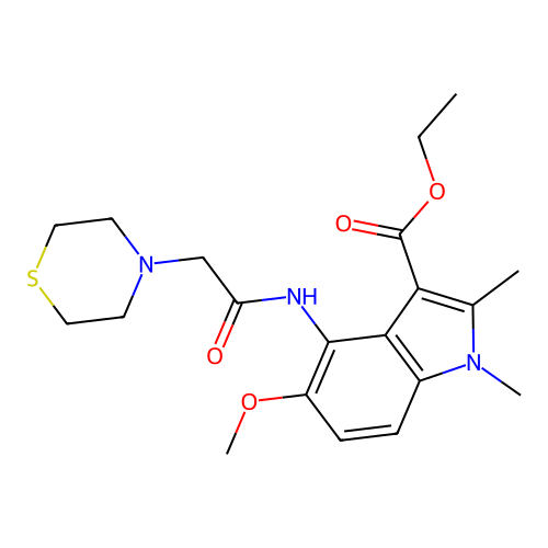 ethyl 5-methoxy-1,2-dimethyl-4-[(2-thiomorpholin-4-ylacetyl)amino]indole-3-carboxylate structure