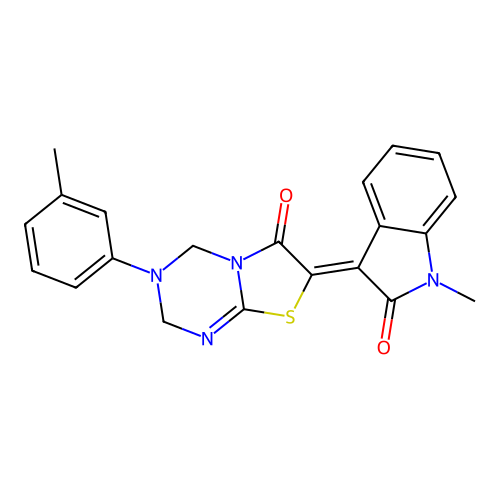 (7Z)-7-(1-methyl-2-oxo-1,2-dihydro-3H-indol-3-ylidene)-3-(3-methylphenyl)-3,4-dihydro-2H-[1,3]thiazolo[3,2-a][1,3,5]triazin-6(7H)-one structure
