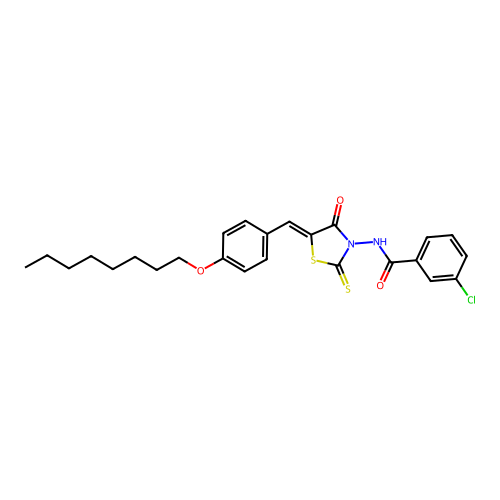 3-chloro-N-{(5Z)-5-[4-(octyloxy)benzylidene]-4-oxo-2-thioxo-1,3-thiazolidin-3-yl}benzamide structure