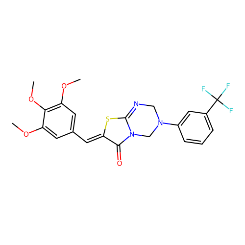 (Z)-3-(3-(trifluoromethyl)phenyl)-7-(3,4,5-trimethoxybenzylidene)-3,4-dihydro-2H-thiazolo[3,2-a][1,3,5]triazin-6(7H)-one structure