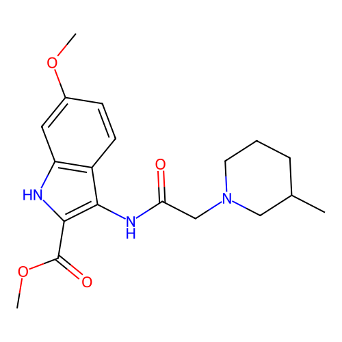 methyl 6-methoxy-3-(2-(3-methylpiperidin-1-yl)acetamido)-1H-indole-2-carboxylate structure