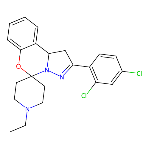 2'-(2,4-dichlorophenyl)-1-ethyl-1',10b'-dihydrospiro[piperidine-4,5'-pyrazolo[1,5-c][1,3]benzoxazine] structure