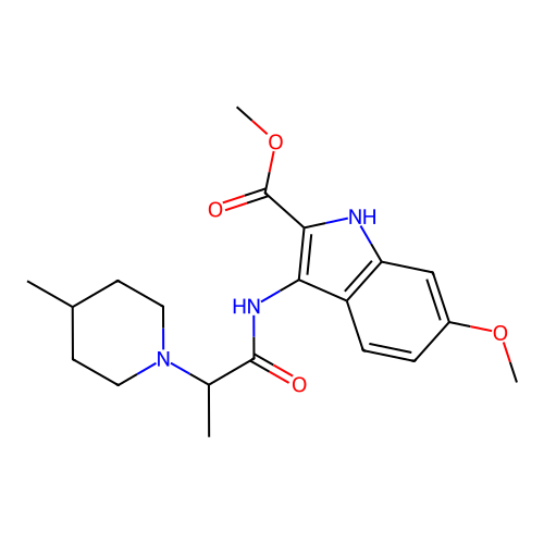methyl 6-methoxy-3-(2-(4-methylpiperidin-1-yl)propanamido)-1H-indole-2-carboxylate structure