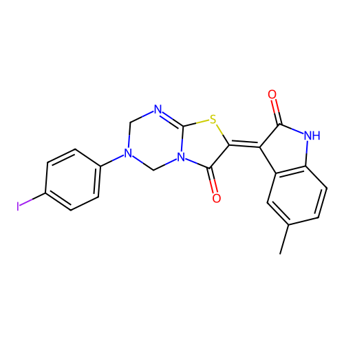(7Z)-3-(4-iodophenyl)-7-(5-methyl-2-oxo-1,2-dihydro-3H-indol-3-ylidene)-3,4-dihydro-2H-[1,3]thiazolo[3,2-a][1,3,5]triazin-6(7H)-one structure