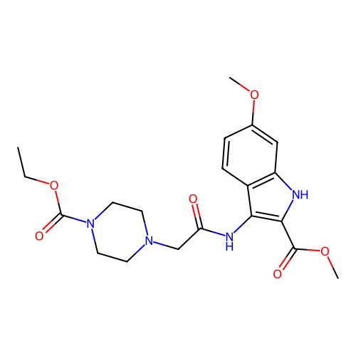 Methyl 3-[[2-(4-ethoxycarbonylpiperazin-1-yl)acetyl]amino]-6-methoxy-1H-indole-2-carboxylate structure